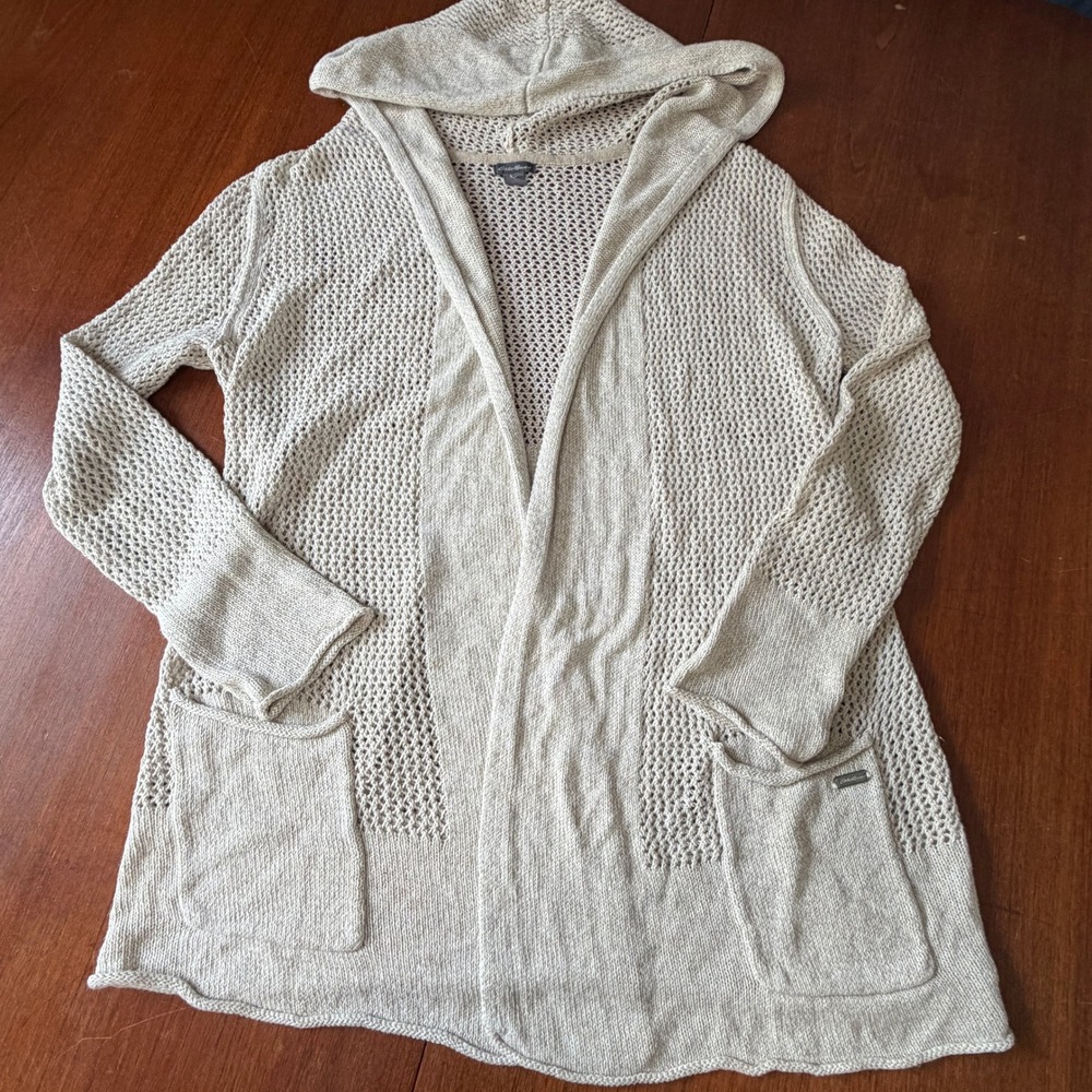 Eddie Bauer Linen Cotton Open Front Hooded Cardigan Beige XL Sweater Pockets